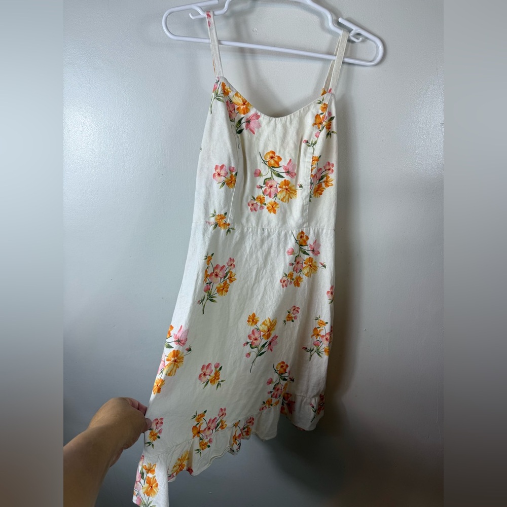 Old Navy Linen Blend Dress Floral Smocked Cami Ruffle Pastel Multicolored Spring